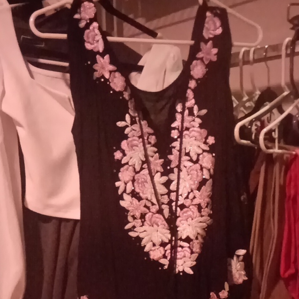 Black Shirt with Pink Floral Embroidery